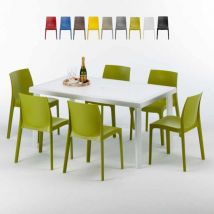 Table Rectangulaire Blanche 150x90cm Avec 6 Chaises Colorées Grand Soleil Set Extérieur Bar Café Rome Summerlife - Anis vert