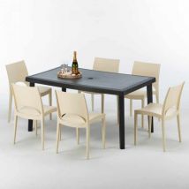 Grand Soleil - Table rectangulaire et 6 chaises Poly rotin colorées 150x90cm noir Enjoy