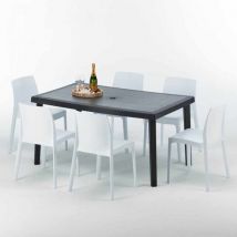 Grand Soleil - Table rectangulaire et 6 chaises Poly rotin colorées 150x90cm noir Enjoy