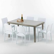 Grand Soleil - Table rectangulaire et 6 chaises Poly rotin resine ensemble bar cafè exterieur 150x90 Beige Marion