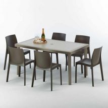 Grand Soleil - Table rectangulaire et 6 chaises Poly rotin resine ensemble bar cafè exterieur 150x90 Beige Marion