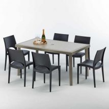 Grand Soleil - Table rectangulaire et 6 chaises Poly rotin resine ensemble bar cafè exterieur 150x90 Beige Marion