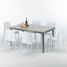 Table Rectangulaire Et 6 Chaises Poly Rotin Resine Ensemble Bar Cafè Exterieur 150x90 Beige Marion