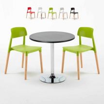 Table Ronde Noire 70x70 et 2 Chaises Colorées Bar Café Barcellona Cosmopolitan - Vert