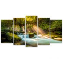 Hxadeco - Tableau 5 parties paysage cascade en forêt - 150x80 cm