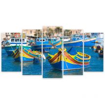 Hxadeco - Tableau 5 parties Tableau photo bateaux de pêches colorés , malte - 150x80 cm