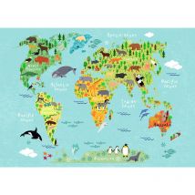 Tableau carte du monde multicolore pour enfant | Tableau turquoise chambre bébé avec animaux | Tableau original chamnbre enfant 0,7 x 0,5 m