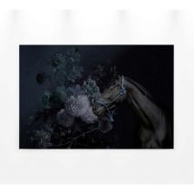 Tableau chambre ado cheval noir & fleurs | Tableau animaux noir & bleu pour chambre fille | Tableau sur toile rectangulaire - 0,9 x 0,6 m
