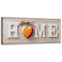 Image sur toile, Inscription Maison avec un coeur orange sur bois clair - 90x30