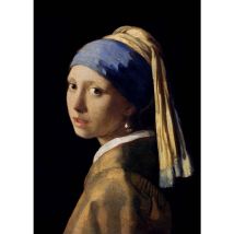 Tableau connu jeune fille avec perle à l'oreille | Tableau pour cuisine portrait de femme | Tableau noir beige & bleu pour couloir 0,5 x 0,7 m