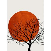 Tableau coucher de soleil rouge blanc & noir | Tableau moderne pour salon | Tableau sur toile arbre idéal chambre adulte 0,5 x 0,7 m