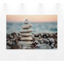 Tableau décoratif zen pour salon et entrée | Tableau sur toile paysage plage de galets | Tableau moderne marron et beige 0,9 x 0,6 m