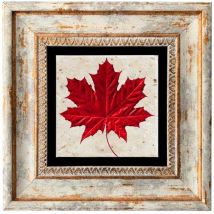 Tableau décoratif en bois et métal 20 x 20 cm Feuille rouge