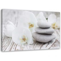 Tableau sur toile, Orchidée blanche et pierres - 90x60