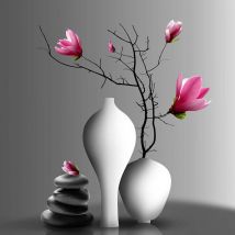 Tableau moderne pour salle de bain | Tableau fleur & vase blanc sur fond noir | Tableau sur toile carré pour déco salon 0,5 x 0,5 m