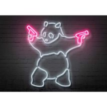 Tableau panda néon lumineux blanc & rose | Tableau animaux sur fond mur en brique noir | Tableau moderne pour salon & chambre ado 0,7 x 0,5 m