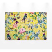 Tableau sur toile printemps pour salle à manger | Tableau oiseau multicolore sur fond jaune | Tableau oiseau violet, vert et rose - 0,9 x 0,6 m