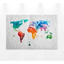 Tableau tendance carte du monde mutlicolore | Tableau sur toile effet papier froissé | Tableau aquarelle design pour bureau 0,9 x 0,6 m