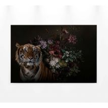 Tableau tigre et fleurs colorées sur fond noir | Tableau animaux moderne pour salon | Tableau sur toile réaliste pour couloir - 0,9 x 0,6 m