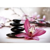 Tableau zen galet noir & fleur orchidée | Tableau salle de bain rose | Tableau sur toile fleuri idéal pour couloir & bureau 0,7 x 0,5 m