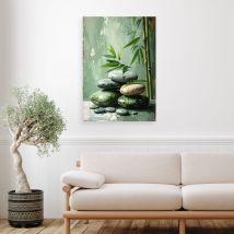 Wandbild Zen Spa Steine Bambus Imitation 70x100 cm – Vliesleinwand 130 g/m² – UV-beständig, wasserfest, geruchsneutral