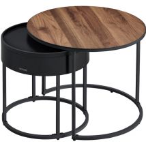 Tables Basses, Lot de 2, Tables d’Appoint Rondes, Tables Gigognes, Style Moderne, Rangement Discret et Plateau, pour Salon, Chambre, Balcon, Noyer