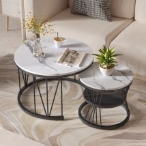 Tables basse,table basse ronde,Lot de 2 Table basse gigogne,placage de marbre,rond,Support en forme de V,Blanc et noir - 70 x 45 cm et 45 x 40 cm