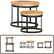Tables d'appoint rondes 2 pcs Bois de manguier solide et acier - Table D'appoint Industrielle - Table D'appoint Design - Table D'appoint Ronde
