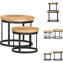 Tables d'appoint rondes 2 pcs Bois de manguier solide et acier - Table D'appoint Industrielle - Table D'appoint Design - Table D'appoint Ronde