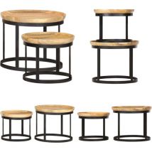 Tables d'appoint rondes 2 pcs Bois de manguier solide et acier - Table D'appoint Industrielle - Table D'appoint Design - Table D'appoint Ronde