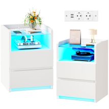 Tables De Chevet, Lot De 2 , Led Réglable, Prise De Courant Et Port Usb,tiroirs Et Compartiment Ouvert,blanc