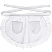Tablier de taille en coton Tablier court en dentelle avec poches pour femme de chambre serveuse servante (blanc)