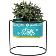 Tabouret de fleur avec pot Métal Debout Bleu Ovale 27 cm Support de fleur 96526 m Colonne de fleur Moderne Support de plante Vase de plante - Dandibo