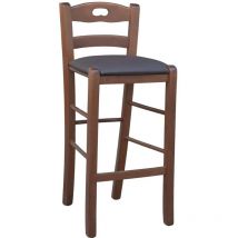 Sgabello legno noce scuro con foro nello schienale h66 seduta ecopelle marrone