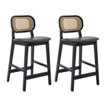 Tabouret de Bar Lot de 2 Chaise de Bar en Bois avec Coussin Chaise Bar Rotin pour Cuisine et Restaurant, Noir