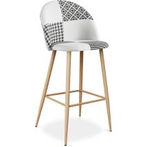 Tabouret Tapissé Patchwork - Style Scandinave - Noir et Blanc - Evelyne Blanc / Noir