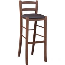 Tabouret en bois de noyer foncé avec dossier h 80 cm assise simili cuir marron