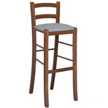 Tabouret en bois de noyer foncé avec dossier h 80 cm, assise simili cuir gris tourterelle