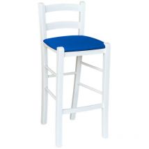 Tabouret en bois blanc avec assise en simili cuir bleu, hauteur 67 cm du sol à l'assise