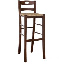 Tabouret en bois de noyer foncavec dossier h 80cm avec poigne et assise en paille