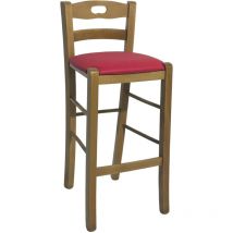 Tabouret en bois noyer clair avec trou dans le dossier h66 siège écopelle rouge