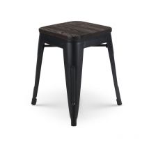 Tabouret en métal noir mat style industriel et assise en bois foncé - Sans dossier - Hauteur 46 cm