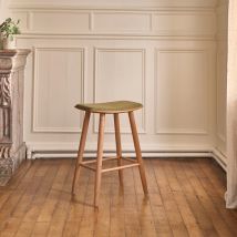 Berah Getah - Tabouret en teck massif assise velours cotelé 65 cm