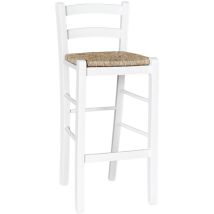 Okaffarefatto - Tabouret Haut 67 Cm En Bois De Hêtre Italien Blanc Avec Assise En Paille