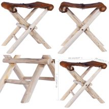 Tabouret pliable Cuir véritable et bois de teck massif - tabouret pliable - tabourets pliables - Home & Living - Brun