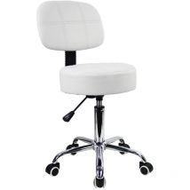 Tabouret Roulant avec Dossier sur Roulettes Réglable en Hauteur Adapté au Bureau Blanc