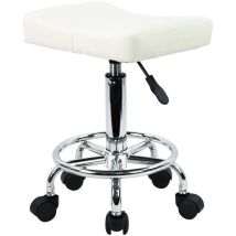 Tabouret Roulant Carré En Cuir Pu Réglable En Hauteur Pivotant 360° – Chaise De Travail Avec Roues – Résistant À L'Eau – Blanc – Kktoner