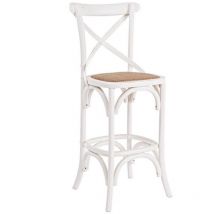 Iperbriko - Tabouret Rustique Bar Cross Blanc - Structure en Bois d'Orme - Assise Rembourrée en Rotin Naturel - Finition Polyuréthane - Dimensions: