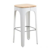 Kosmi - Taburete con estructura de resina blanca, asiento de madera clara - Altura 72,5 cm