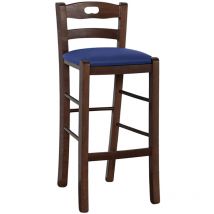 Taburete de madera nogal oscuro con agujero en el respaldo h66 asiento azul cuero